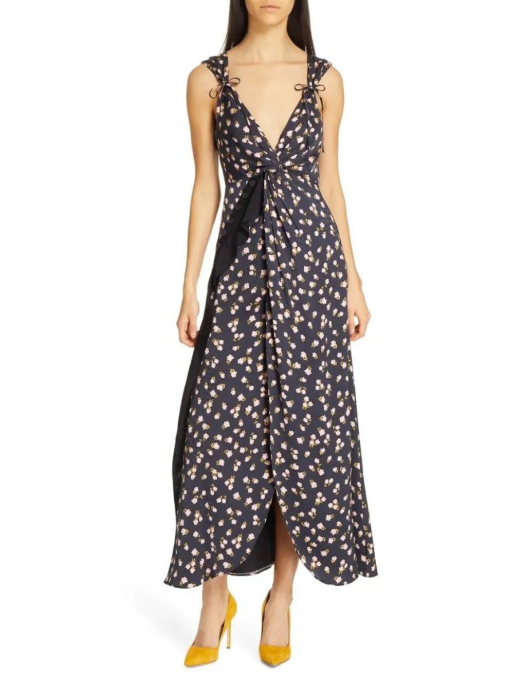 Self-Portrait Twisted Ruffled Floral-print Satin-twill Dress In Black size 10
